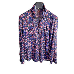 Express Portofino Floral Semi Sheer Roll Tab Sleeve Blouse Size Large